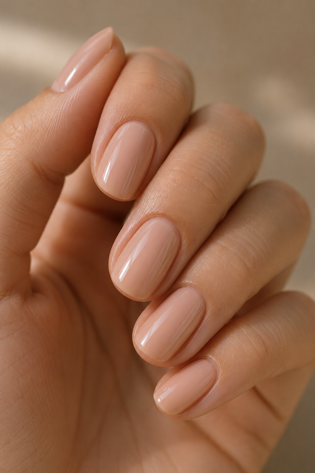 Close-up of a manicured hand showing smooth, healthy nail texture and glossy finish.