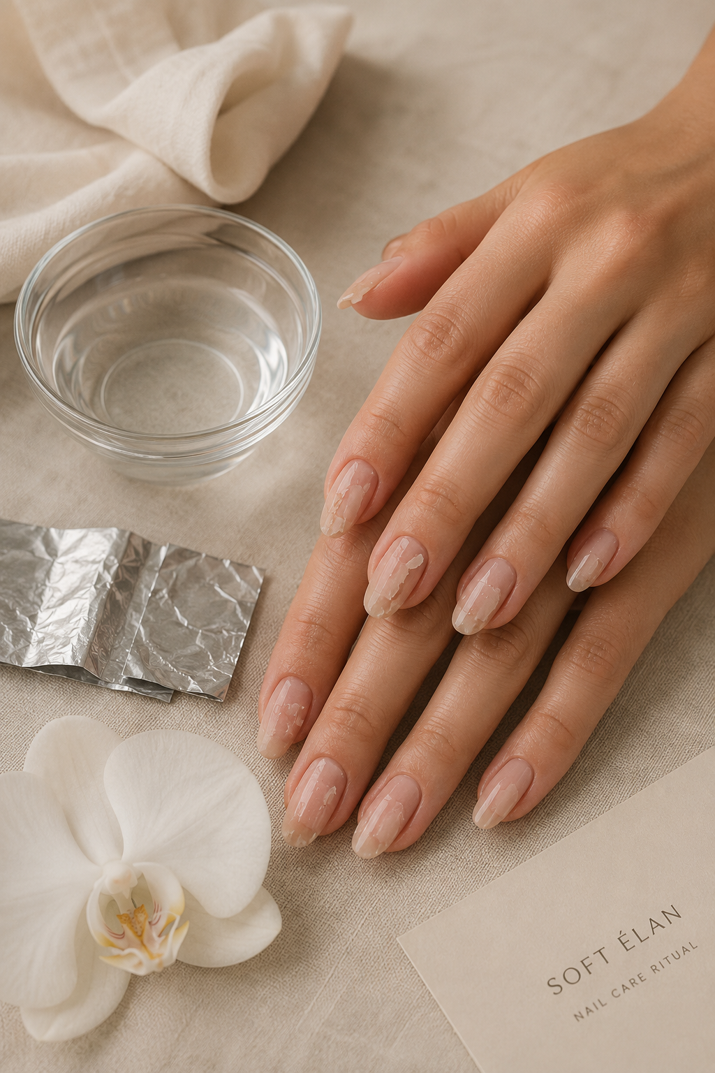 Elegant hands with a soft nude gel manicure being gently removed at home.