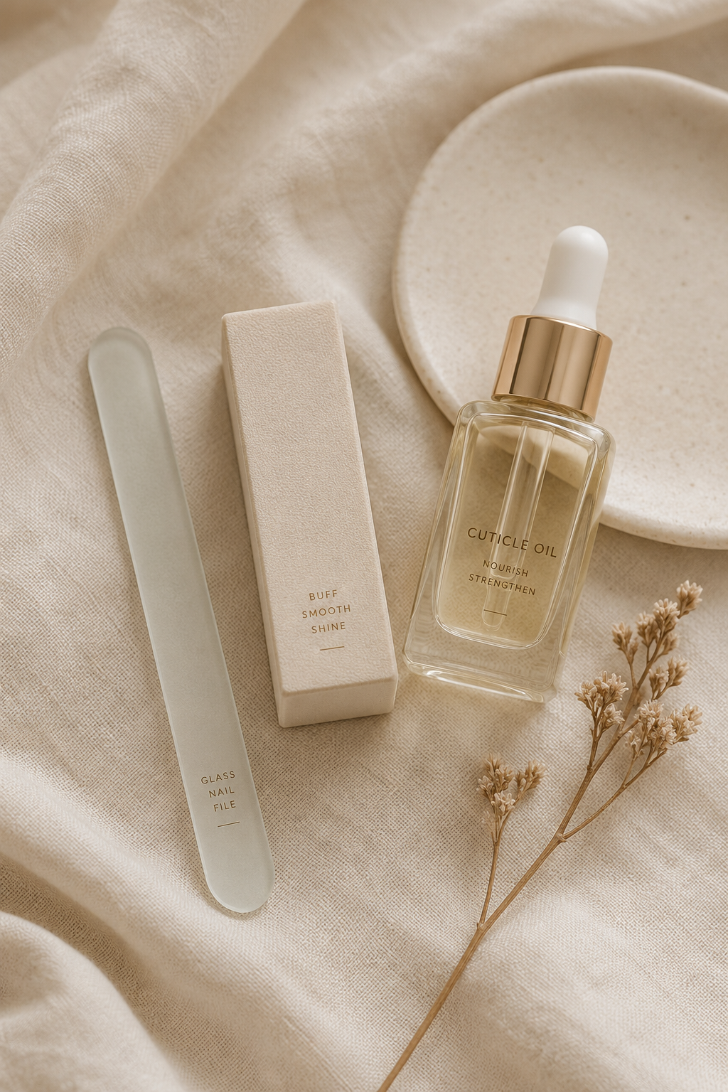 Nail grooming tools for the bare nails trend — buffing block, glass file, and cuticle oil.