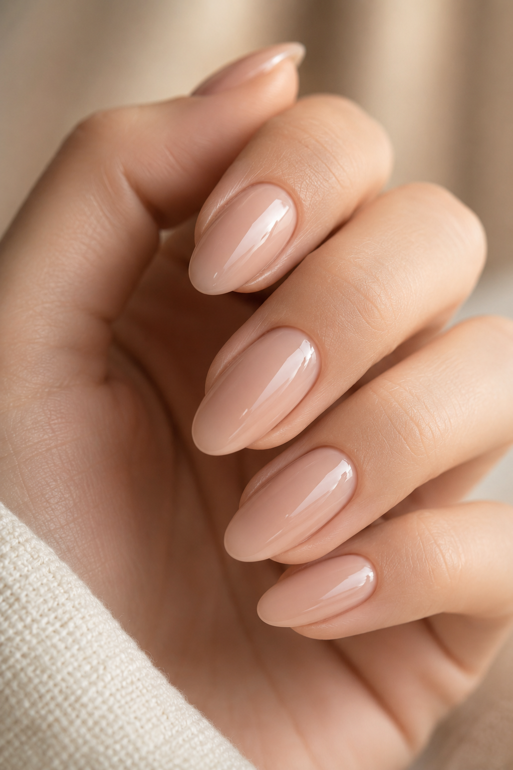 Glossy nude almond nails, an elegant shape for proposal season hand care.