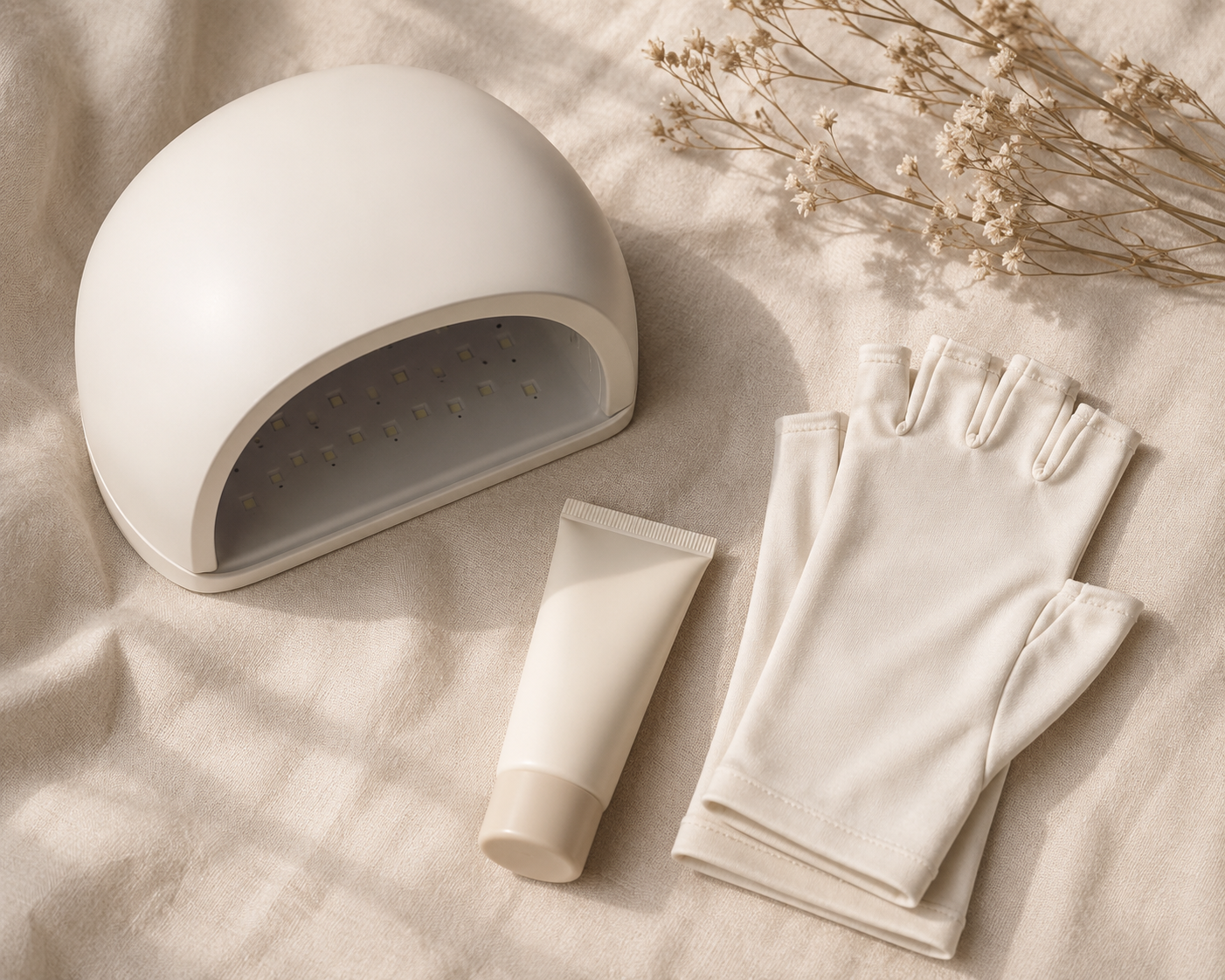 UV nail lamp, SPF hand cream, and UV gloves arranged for an at-home gel manicure routine.