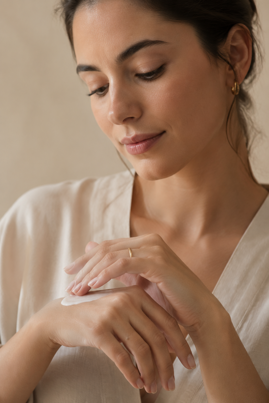 Close-up of hand cream being massaged into dry hands to support the skin's moisture barrier.