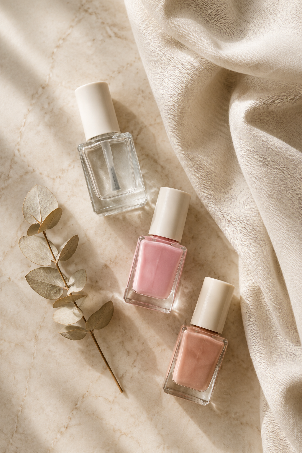 Flat-lay of base coat and nail polish bottles arranged for choosing the best base coat by nail type.