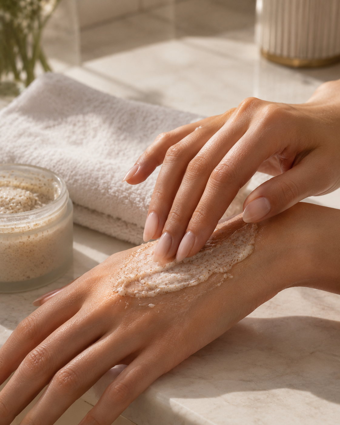Hands being gently exfoliated as the first step of a hand mask ritual