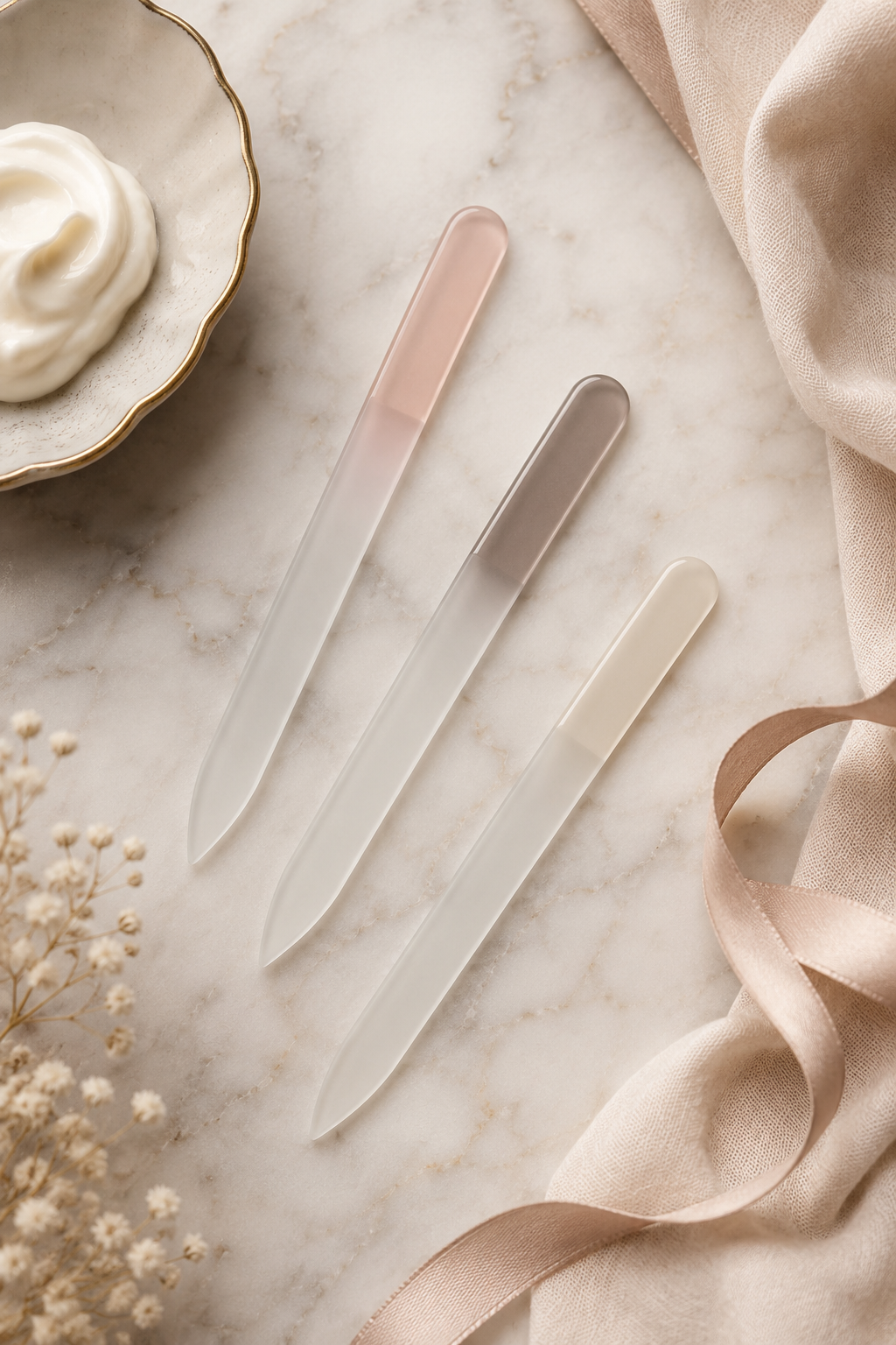 A curated edit of glass nail files styled for an elegant at-home manicure routine.