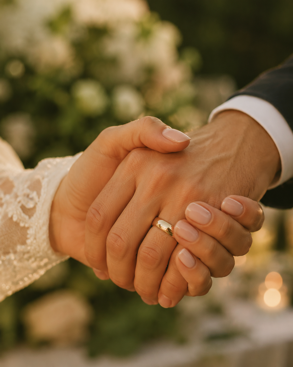 Bride's hand with a wedding ring and glossy nude nails after following a bridal nail care timeline.