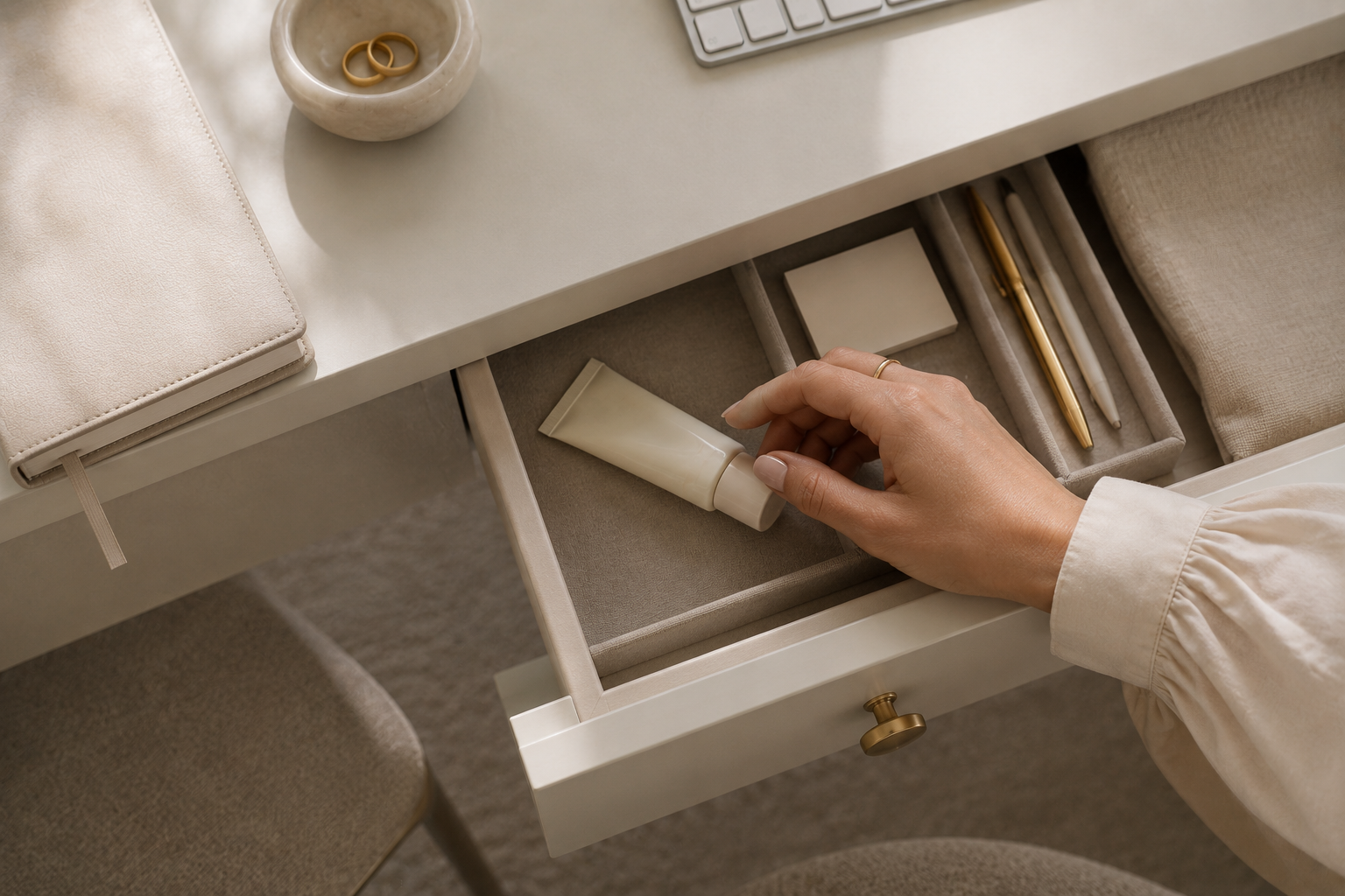 Woman reaching for hand cream in a desk drawer, part of a quiet office hand care routine.