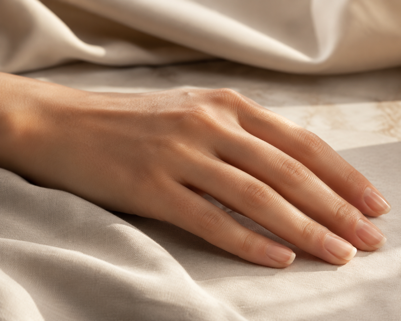 Close-up of healthy, glossy natural nails resting on a soft neutral surface in warm light.