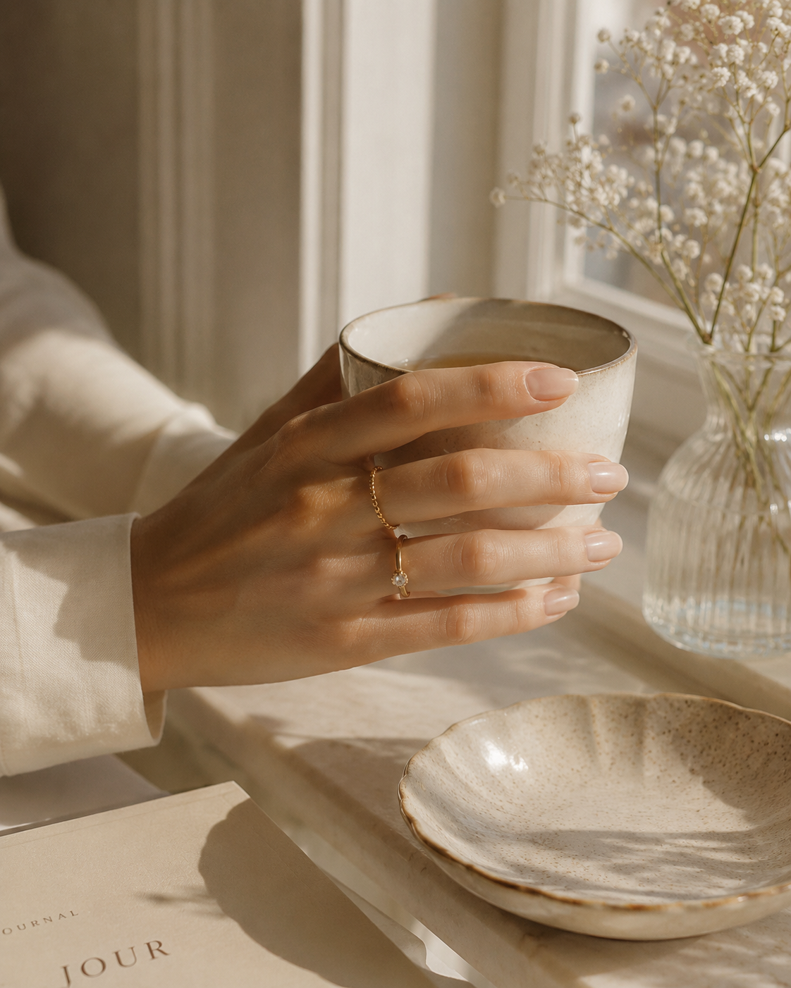 Woman's hand with healthy natural nails resting near a sunlit window