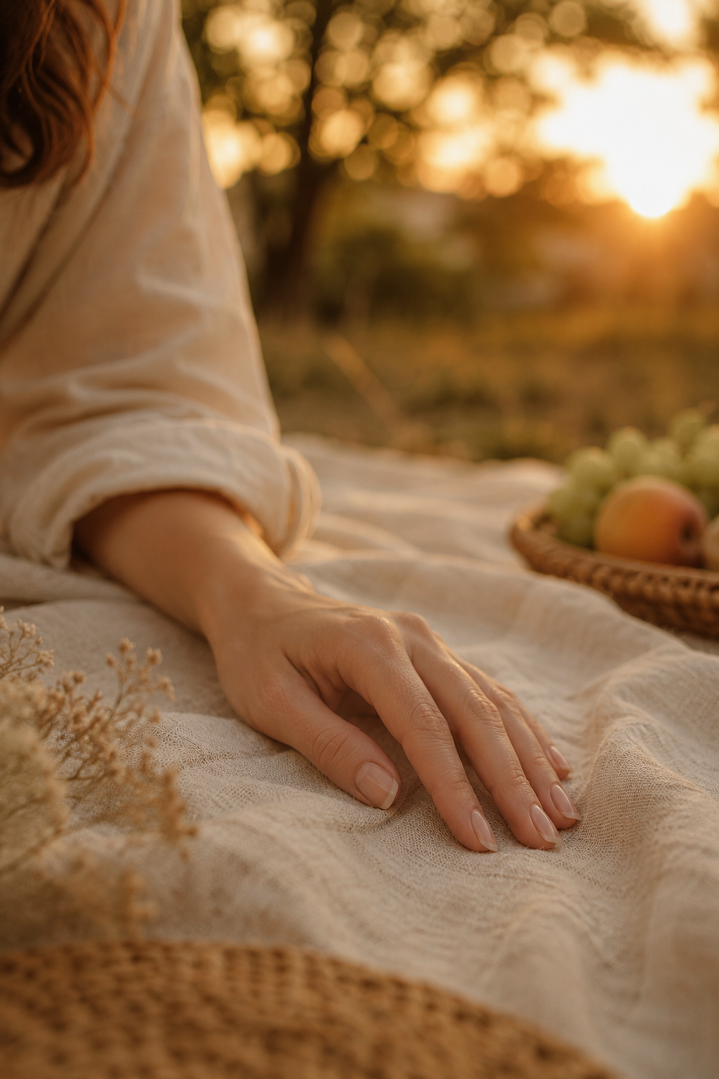 Woman's hand resting outdoors during late-summer proposal season, soft golden light.