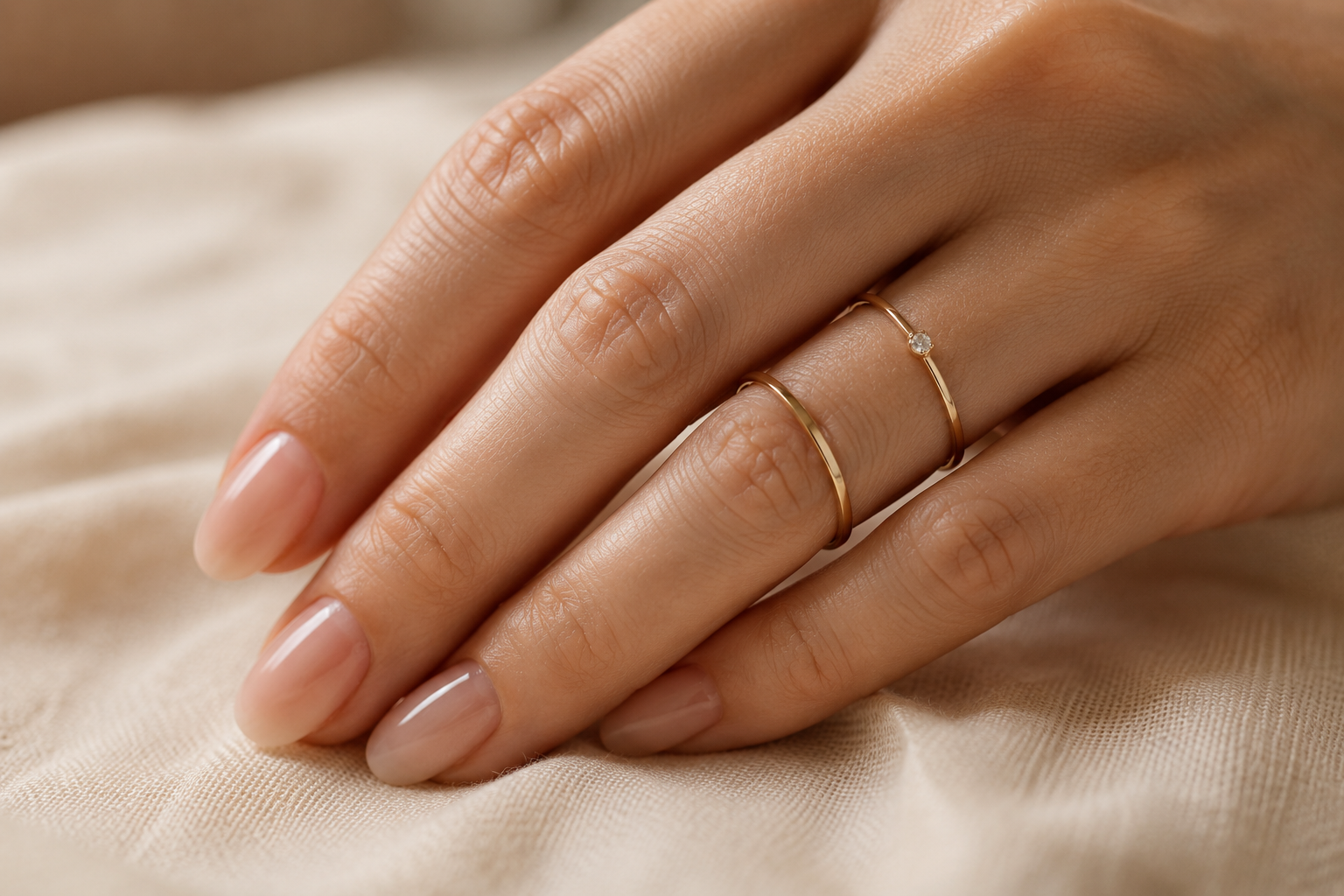 Close-up of layered gold rings on a manicured hand, an example of quiet luxury accessories for work.