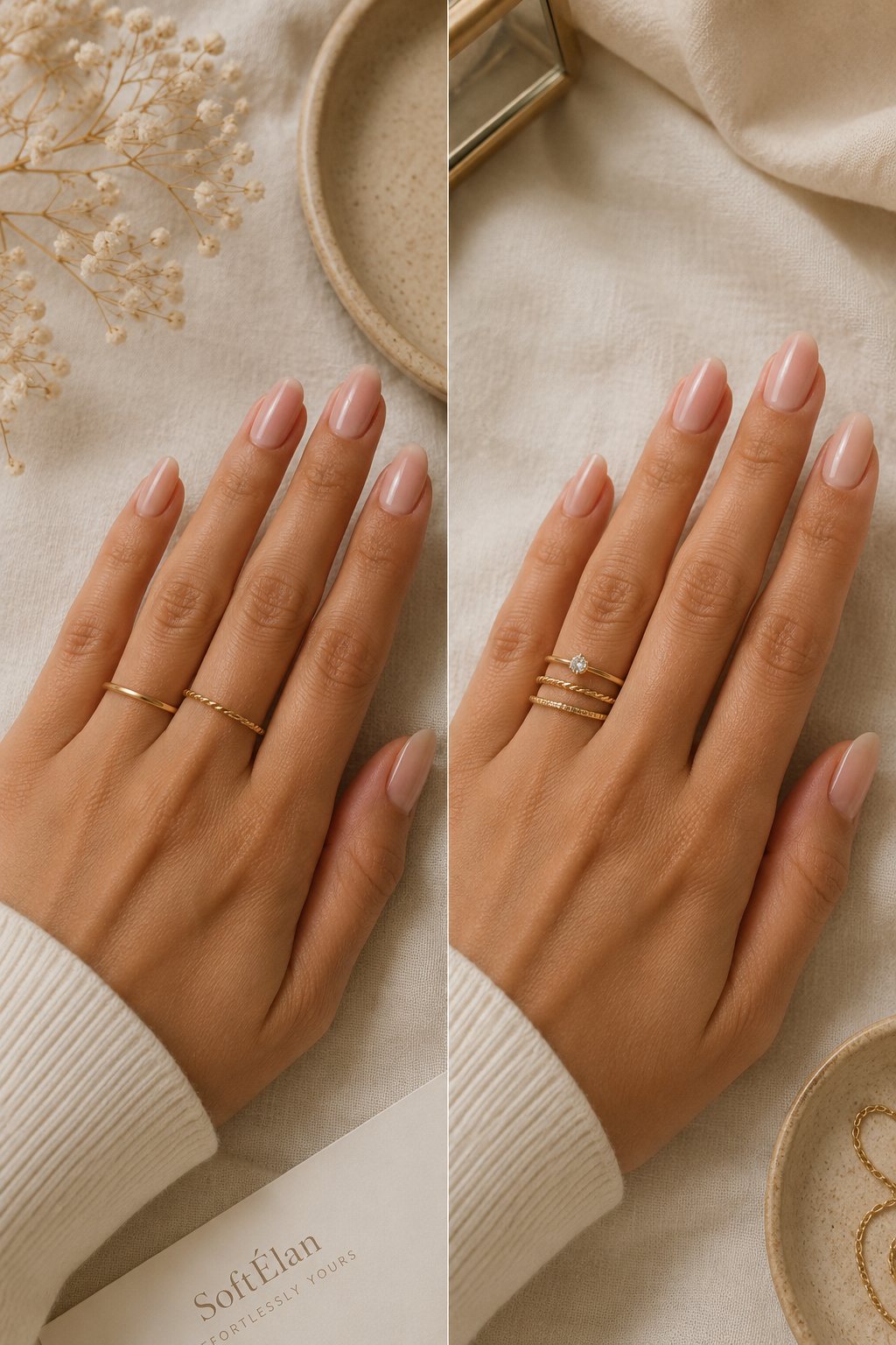 Everyday minimal ring stack compared to a dressier occasion ring stack