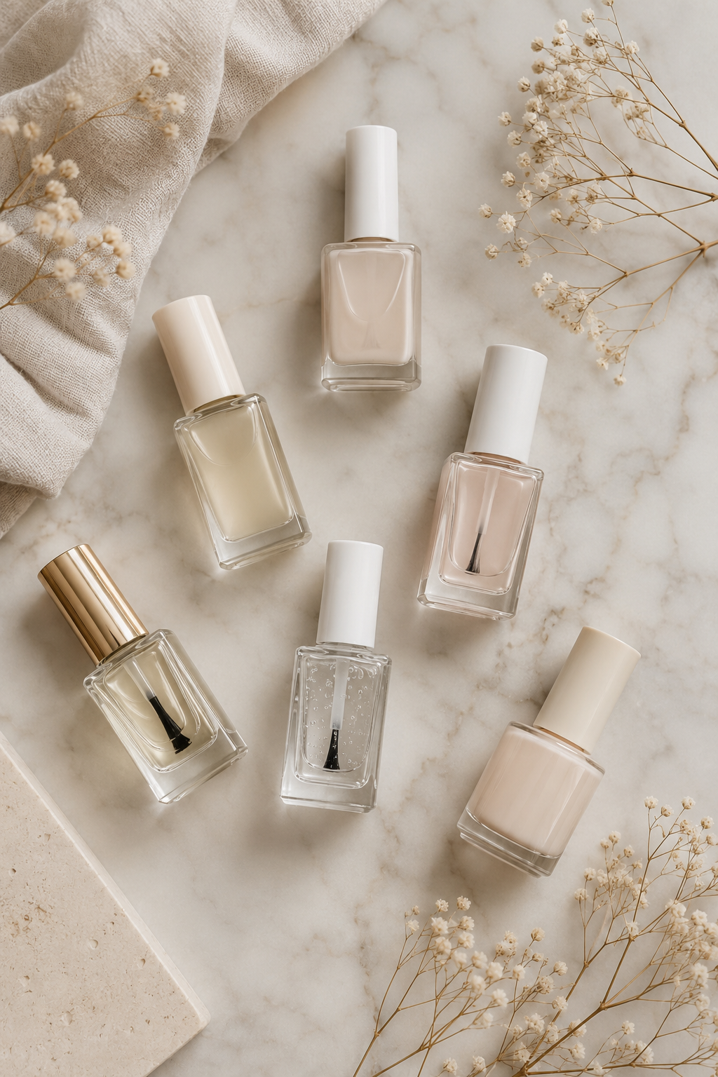 Flat-lay of nail strengthener bottles styled on marble for a nail care buying guide.