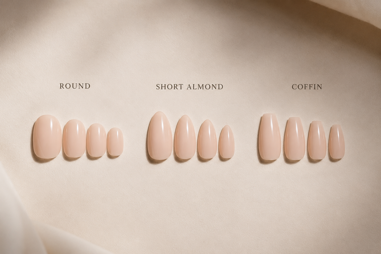 Comparison of press-on nail shapes including almond, round, and coffin for a natural finish.