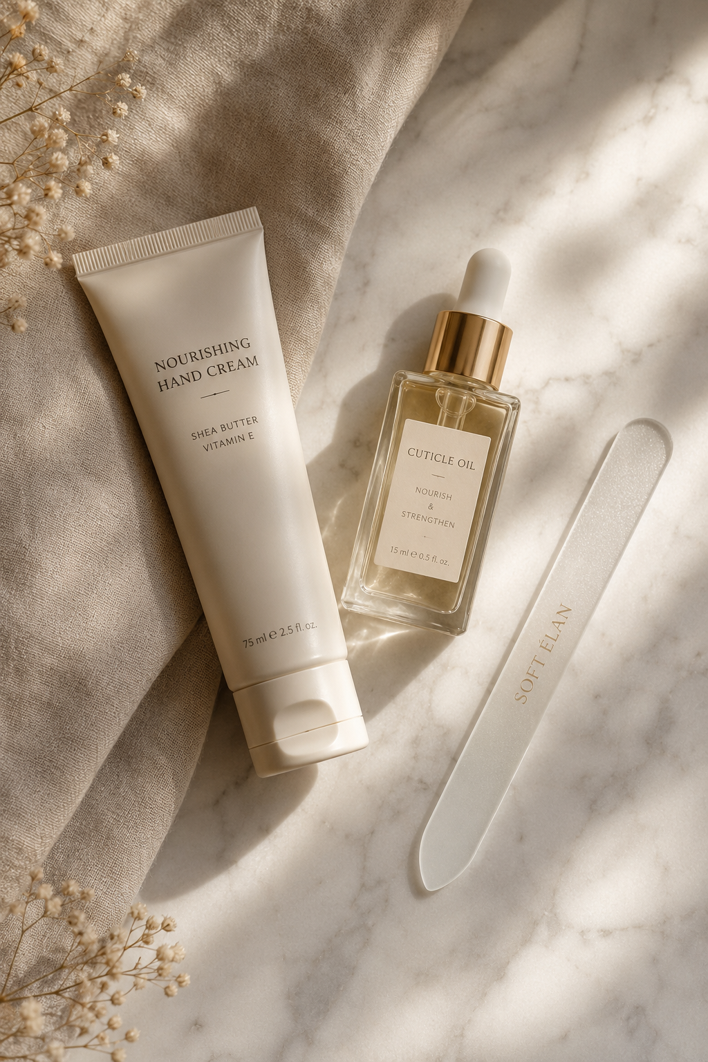 Hand cream and cuticle oil flat-lay for a simple proposal season hand care routine.