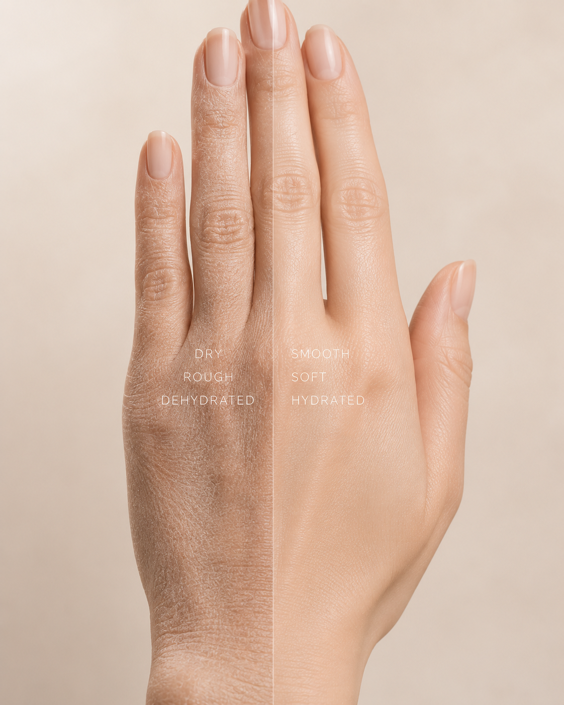 Before and after texture close-up showing softer hands after a hand mask treatment