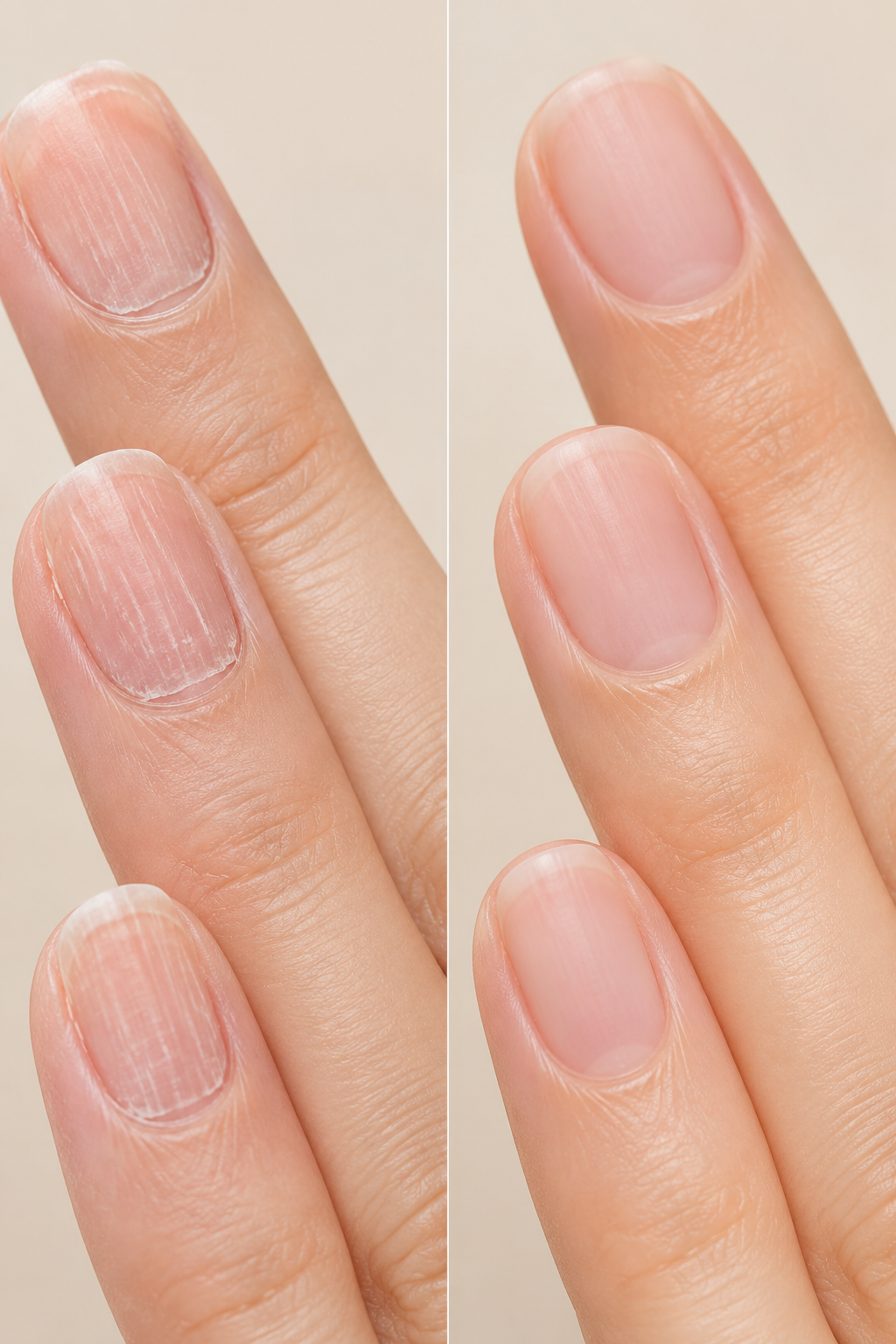Close-up comparison of weak, ridged nails beside smooth, strengthened nails.
