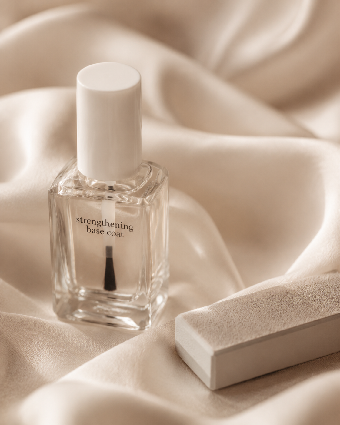 A strengthening base coat and gentle buffer used during week three of nail recovery.