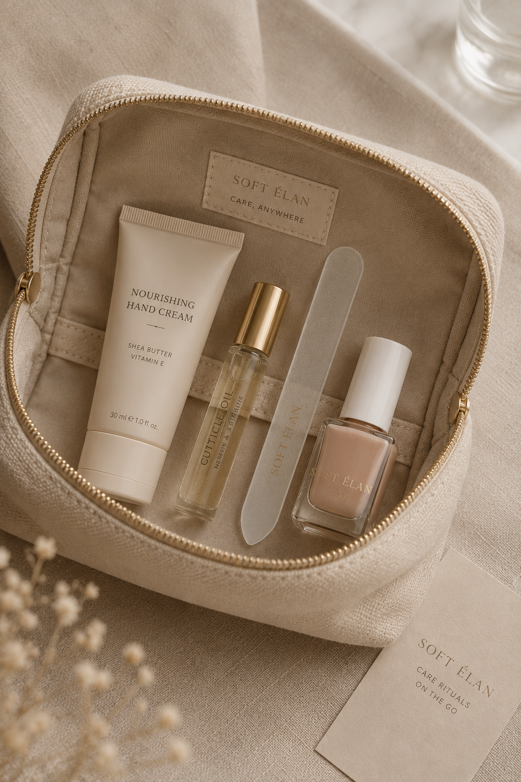 Travel-size hand care kit with cream, cuticle oil, and file for proposal season.