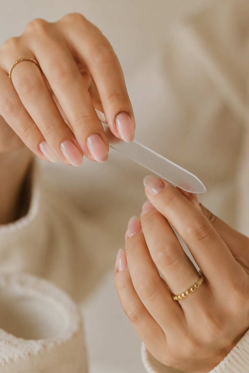 Woman gently filing a natural nail in one direction using a glass nail file.