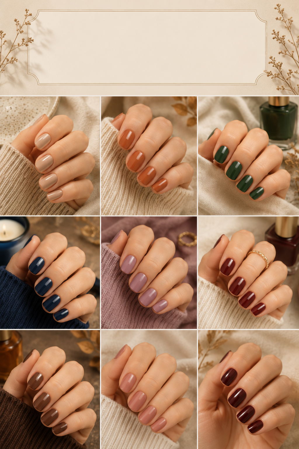 Grid of 25 short fall nail ideas in nude, jewel tone, and berry color families.