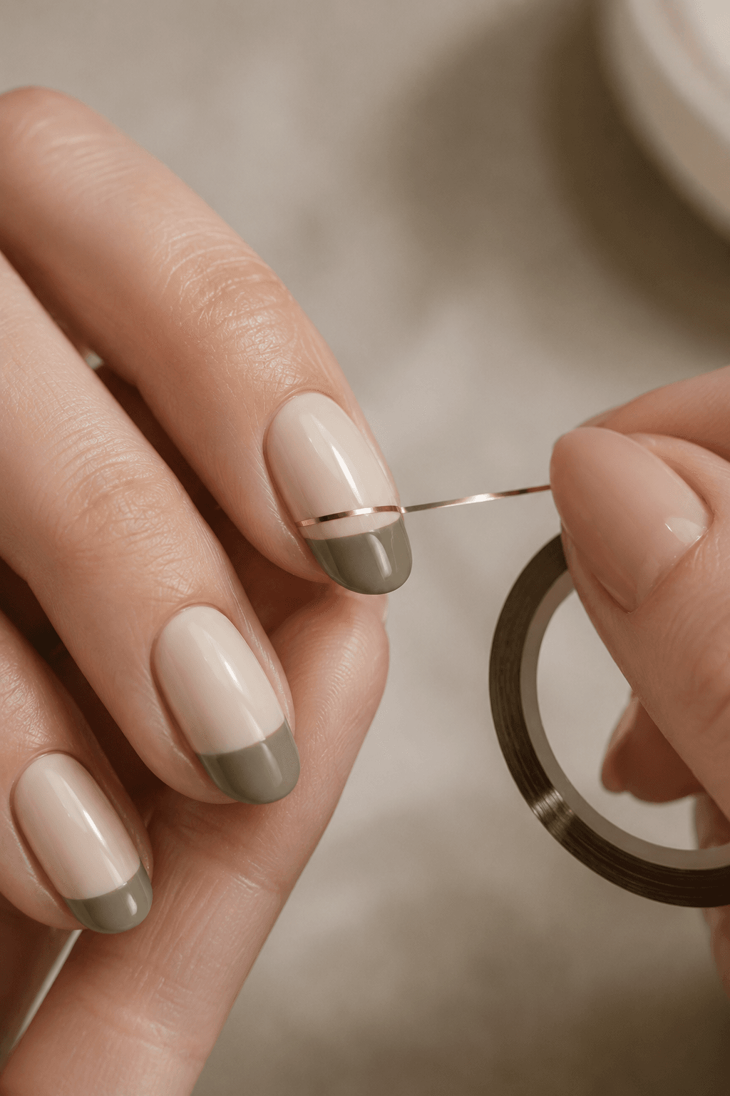 Applying striping tape for a clean line on color-blocked fall nails
