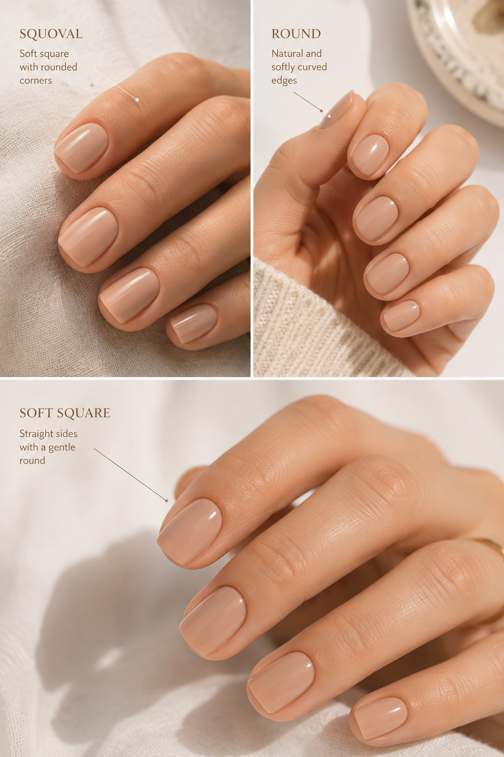 Comparison of squoval, round, and soft square shapes for short fall nails.