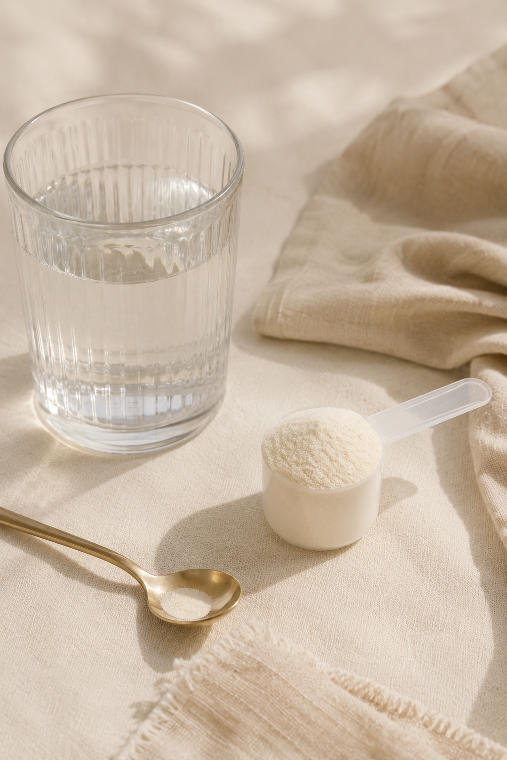 Collagen peptide powder styled beside a glass of water for nail health