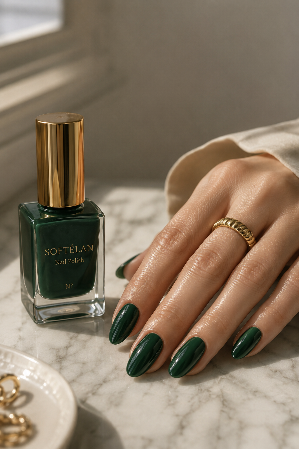 Deep emerald jewel tone nail polish, one of the best fall nail polish colors for 2026