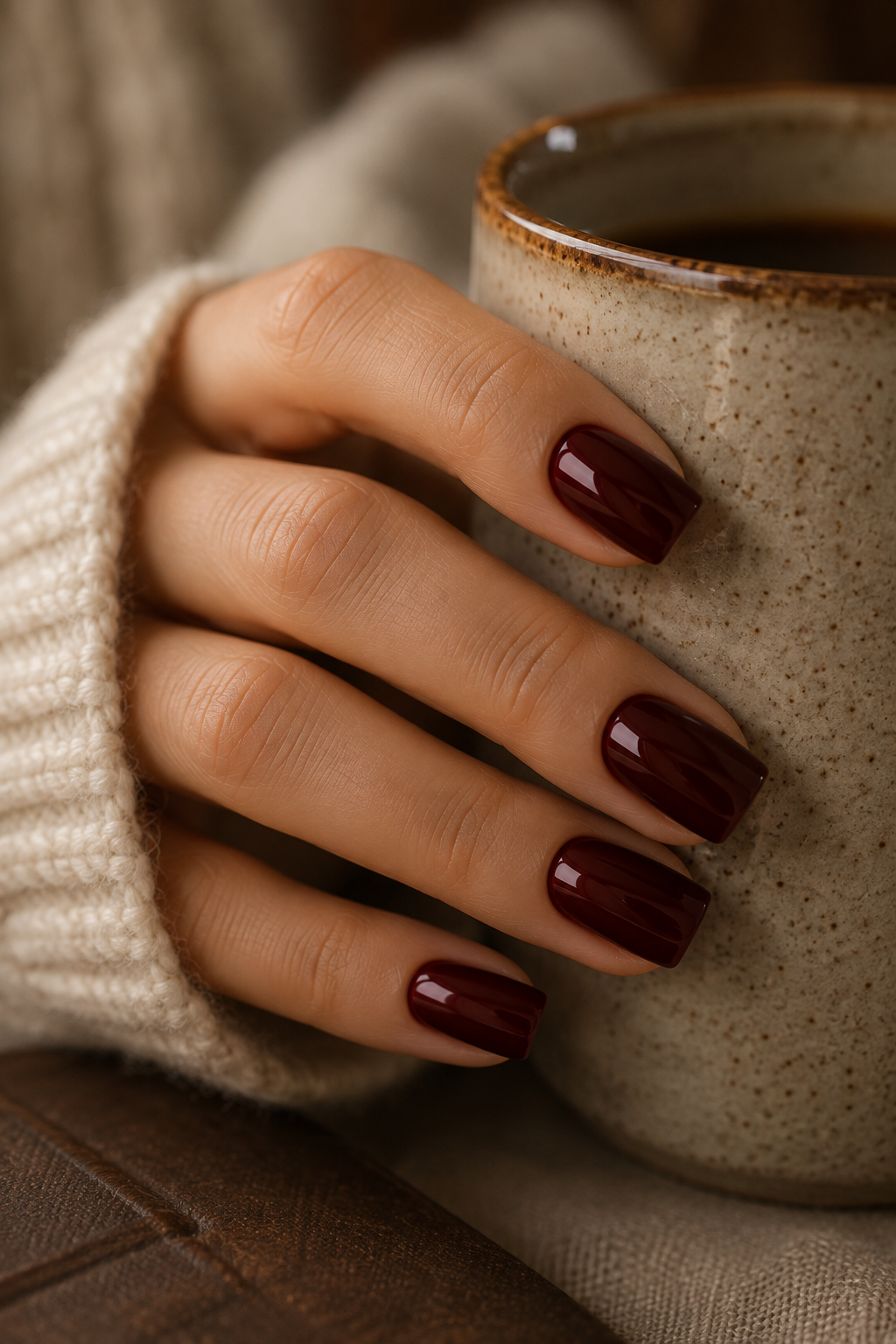 Deep glossy garnet nail polish on square nails, a warm jewel tone manicure for fall.
