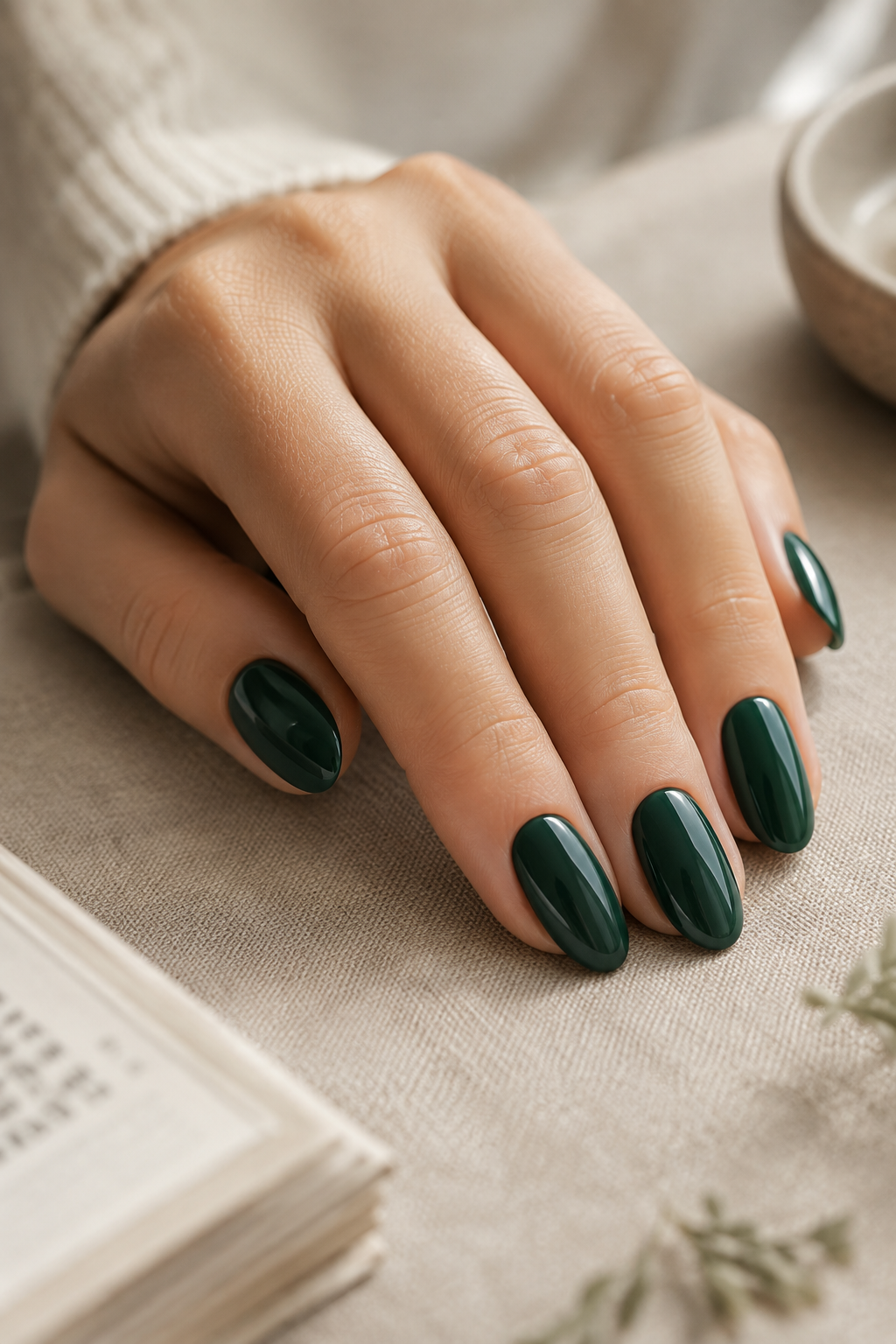 Glossy emerald green nails on medium almond nails, an office-appropriate jewel tone manicure.