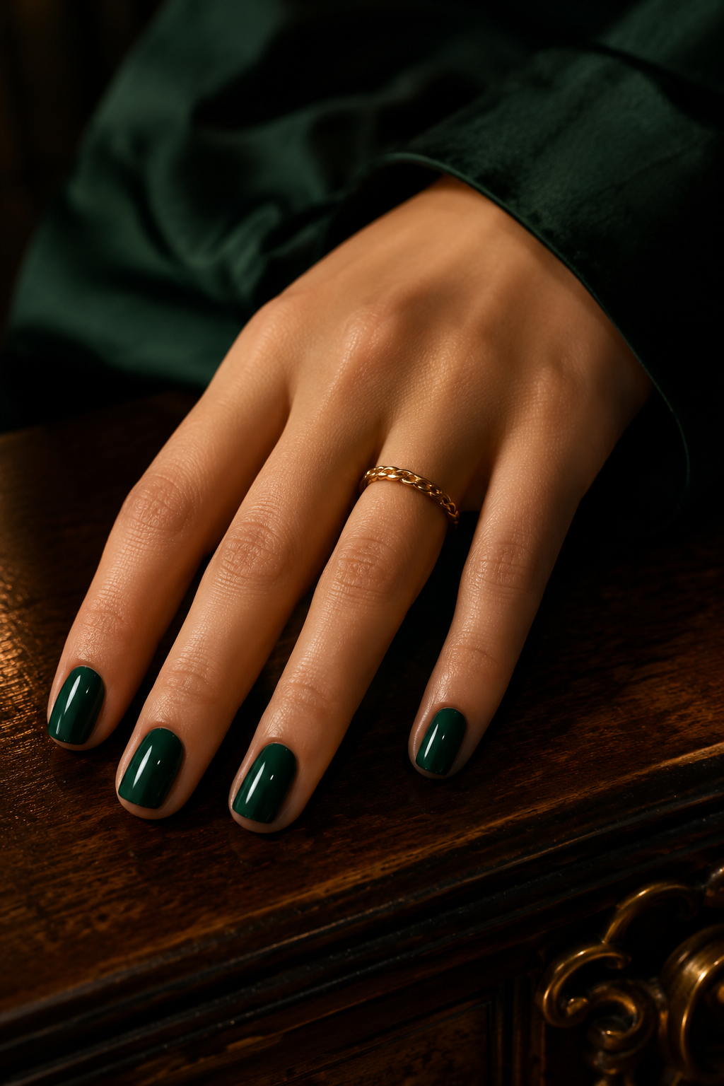 Glossy emerald jewel-tone polish on short nails for a fall manicure."