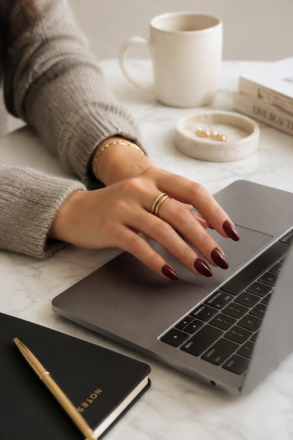 Glossy jewel tone manicure shown in an elegant, office-appropriate desk setting.