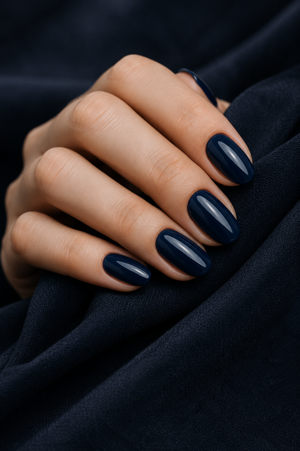 Glossy sapphire blue nail polish on oval nails, a cool-toned jewel tone manicure.