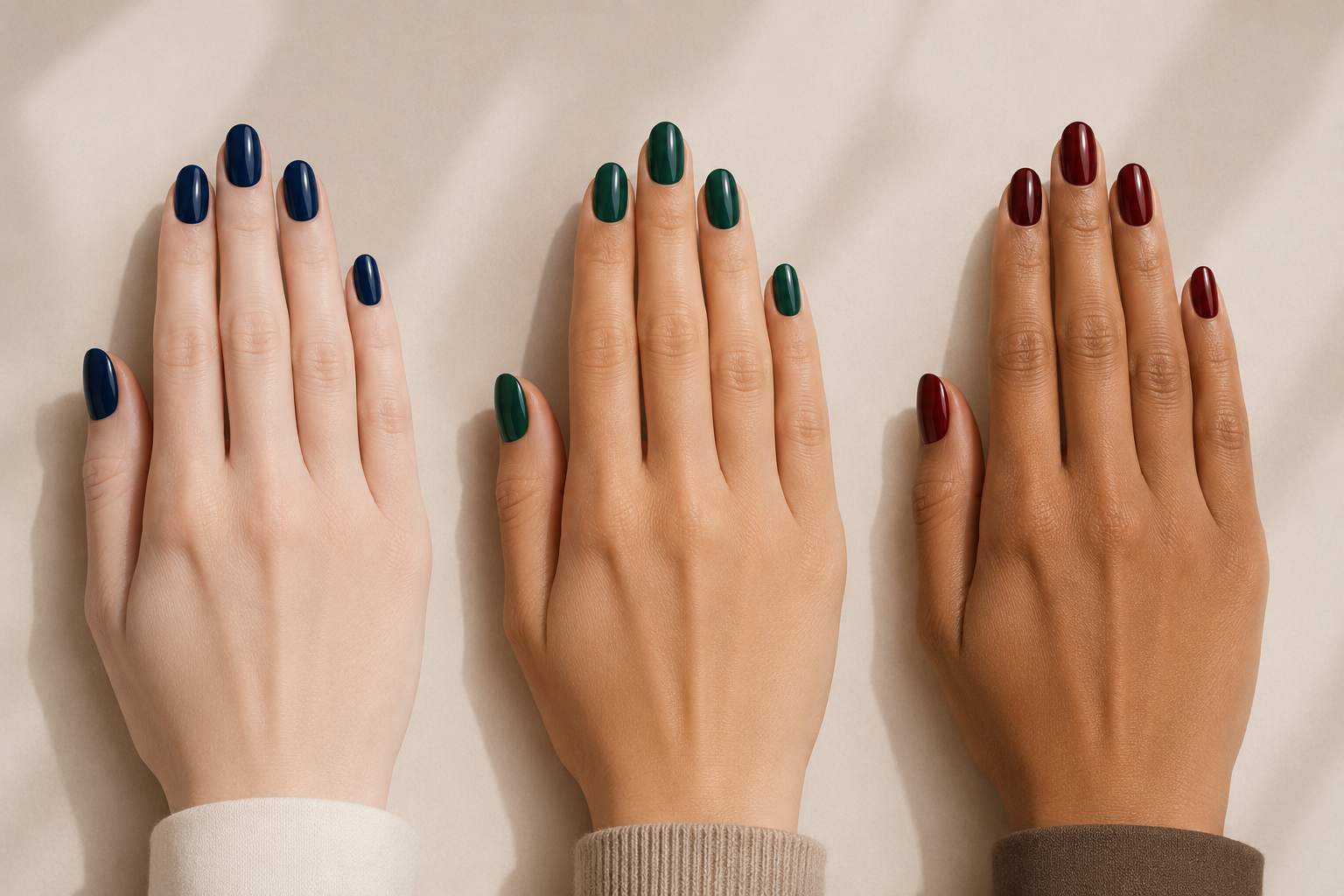 Jewel tone nail polish shades shown against cool, neutral, and warm skin undertones.