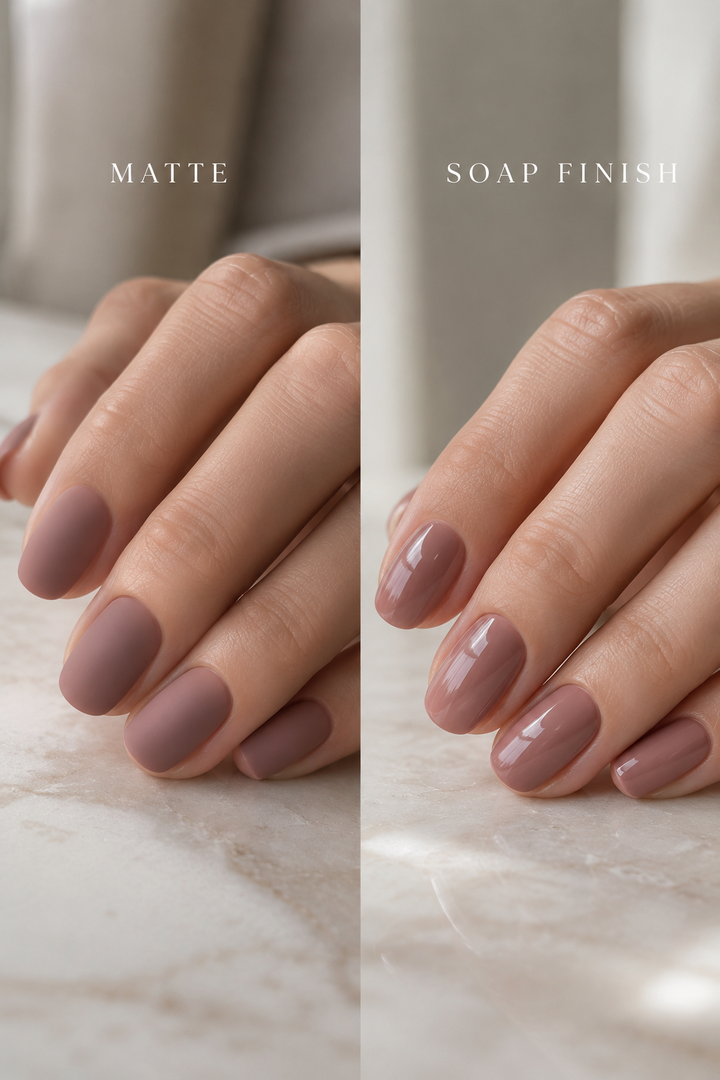 Matte versus glossy milky mauve nail polish finish comparison