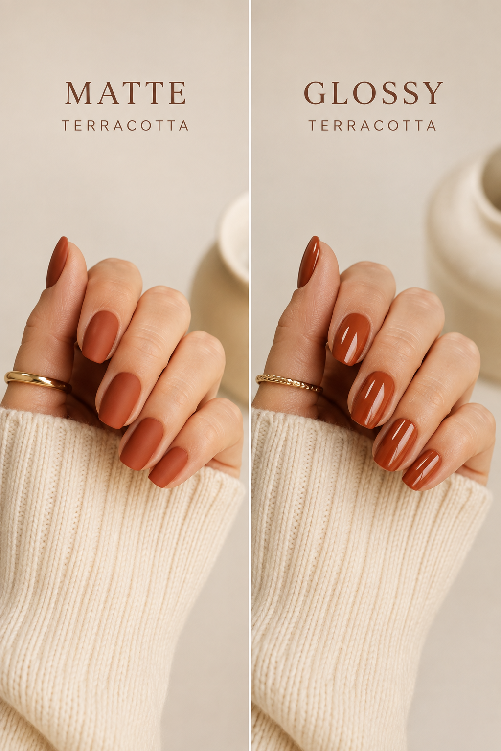 Matte terracotta nails compared to glossy terracotta nails side by side
