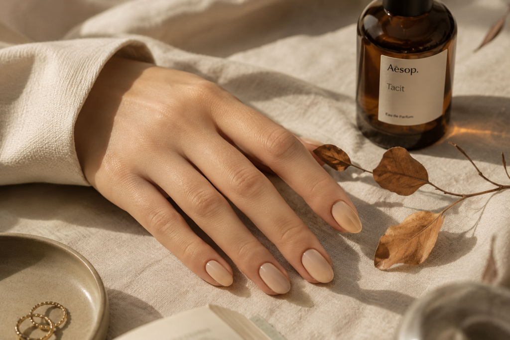 Short fall nails in a warm nude polish styled with autumn leaves for a quiet luxury look.