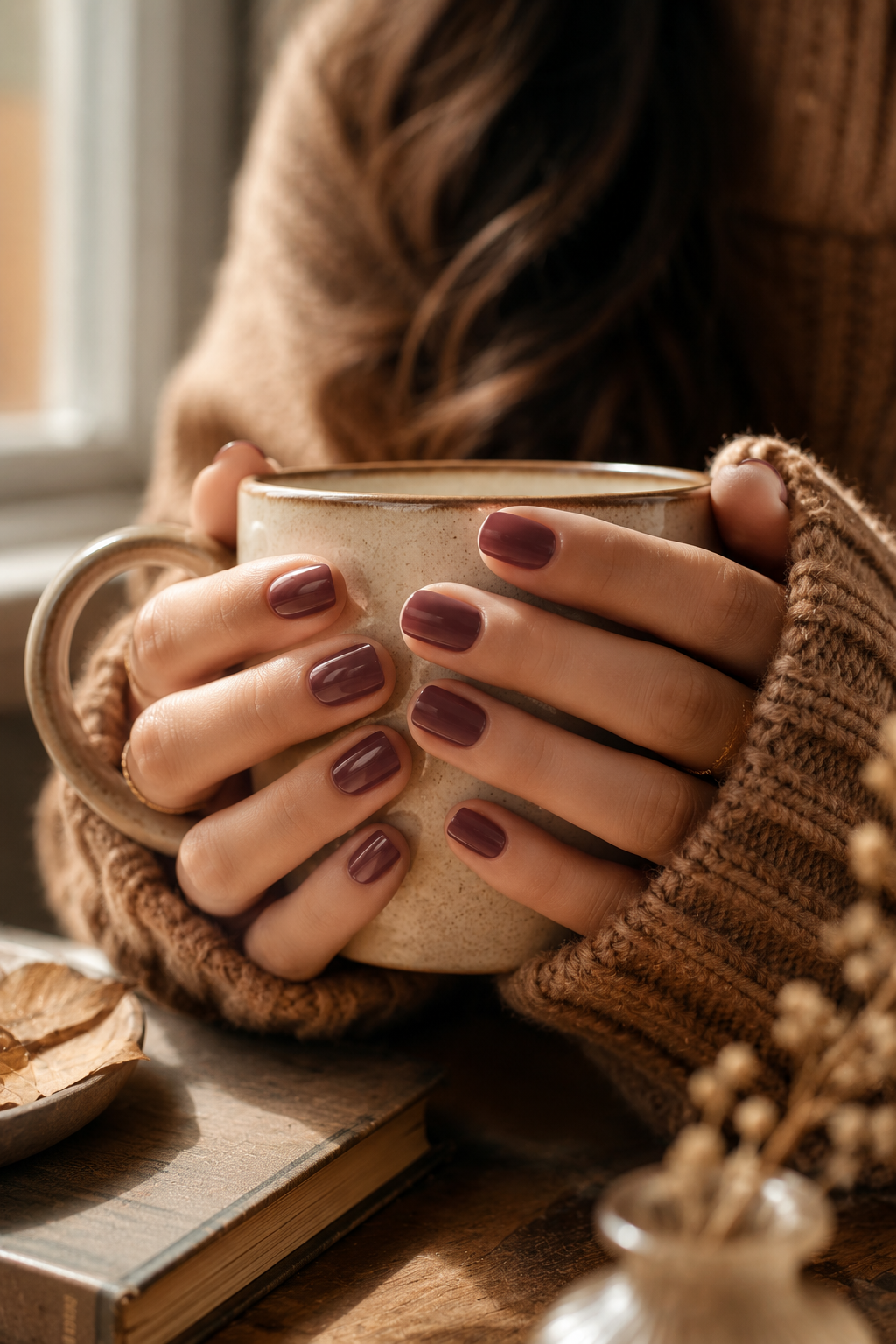 Short rosewood nails styled for a cozy, polished fall moment.