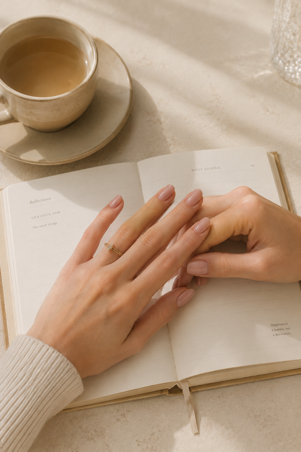 Soft pink glossy nails resting beside a journal, reflecting a calm nail care routine
