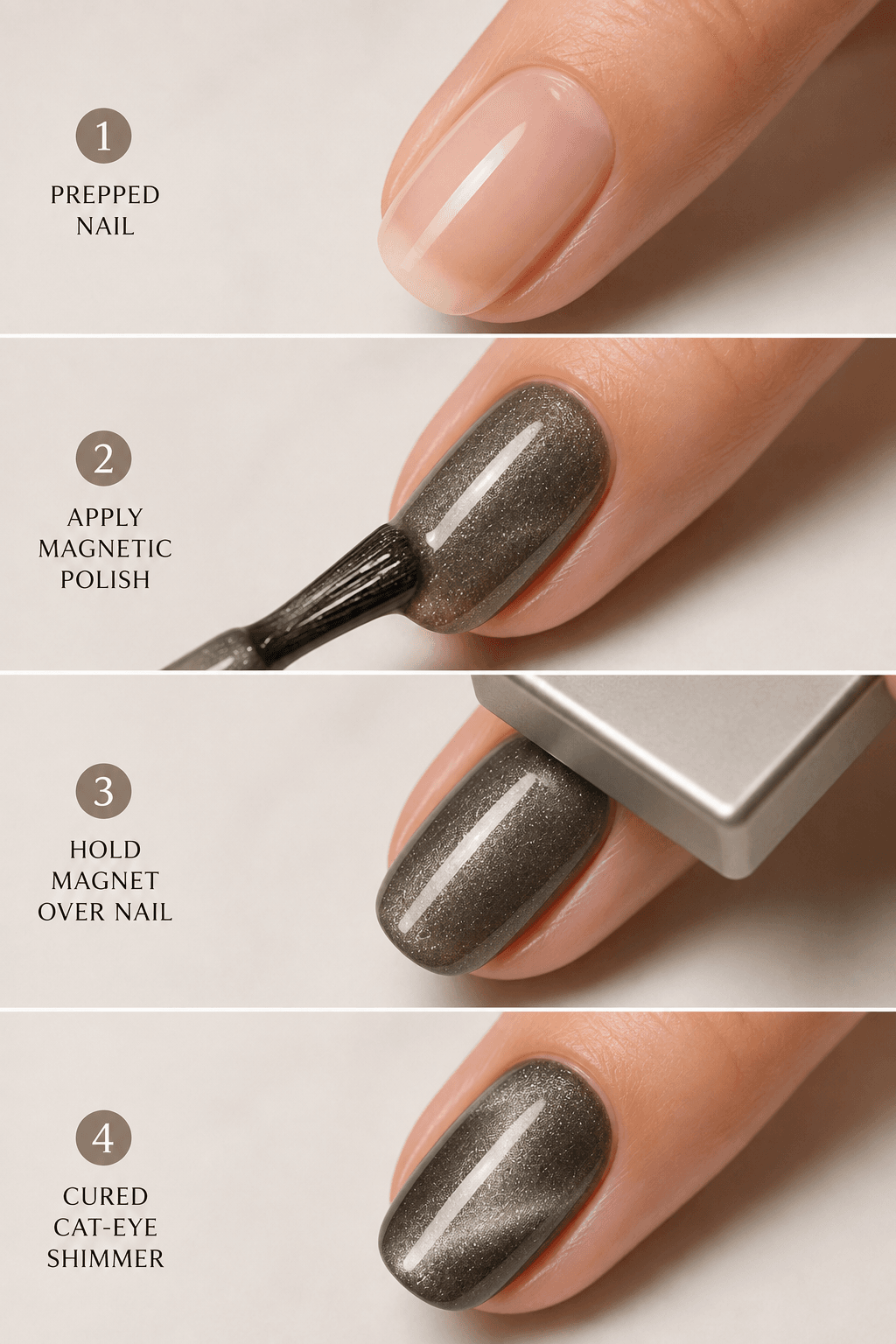 Step-by-step at-home magnetic gel polish cat eye manicure technique