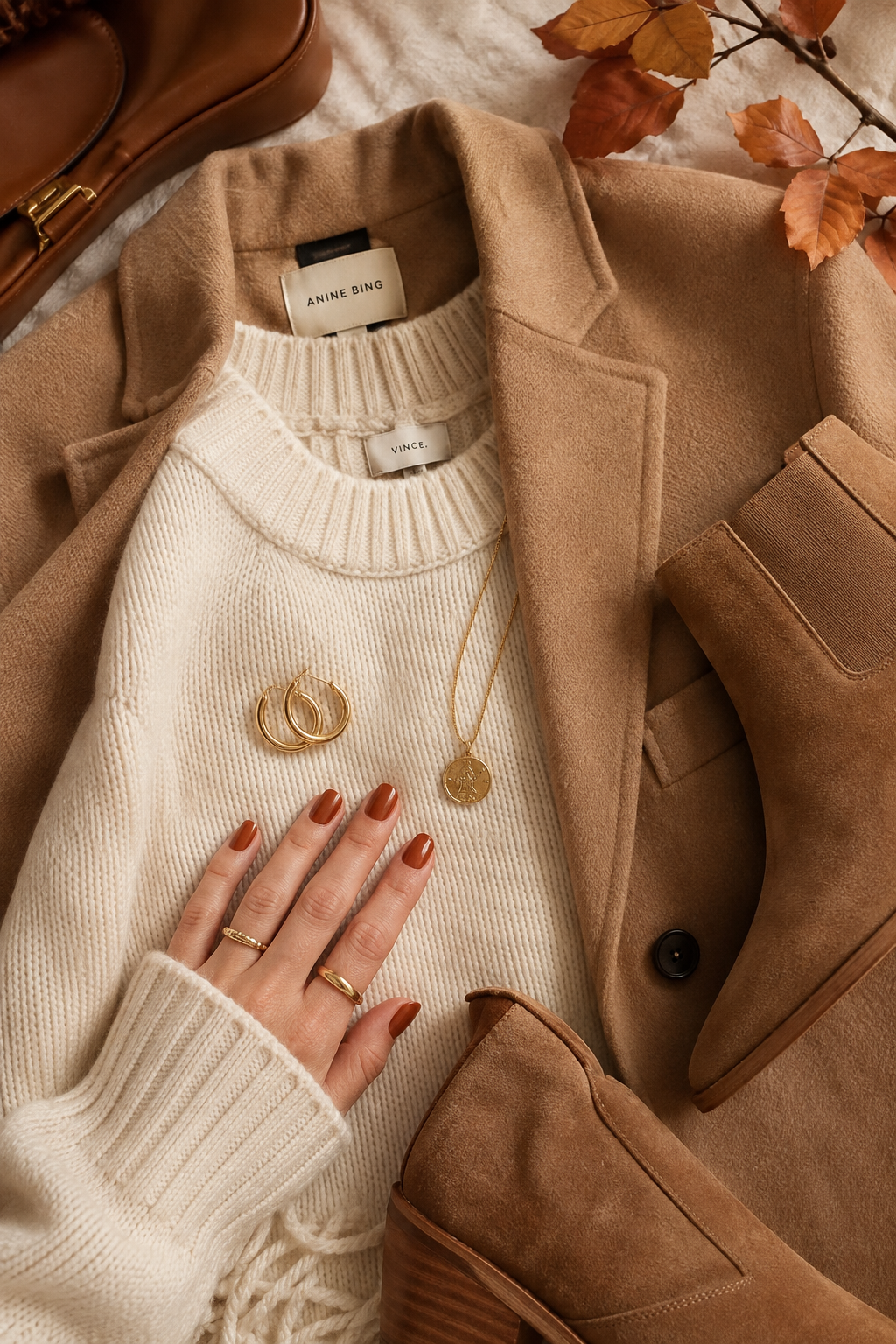 erracotta nails styled with a cream sweater, camel coat, and gold jewelry for fall.