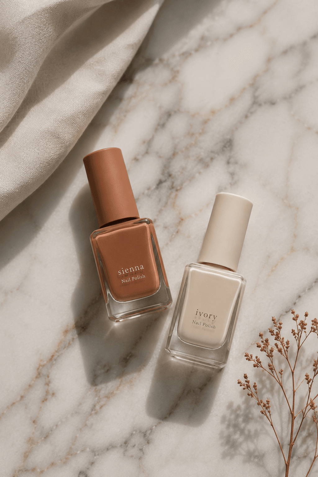 Two nail polish shades used for a minimalist color block manicure