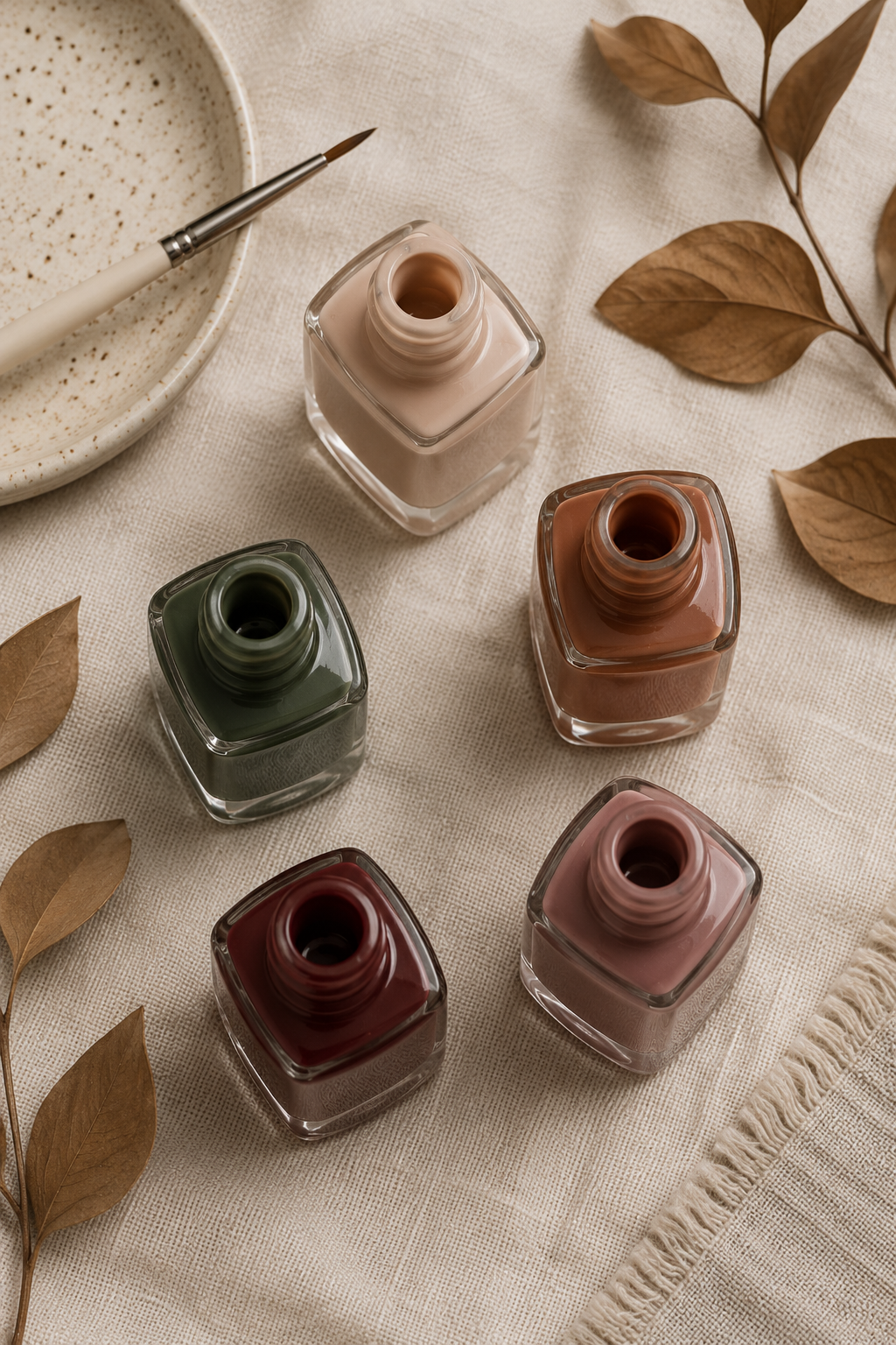 Warm fall nail polish shades that flatter short nails, from nude to oxblood.