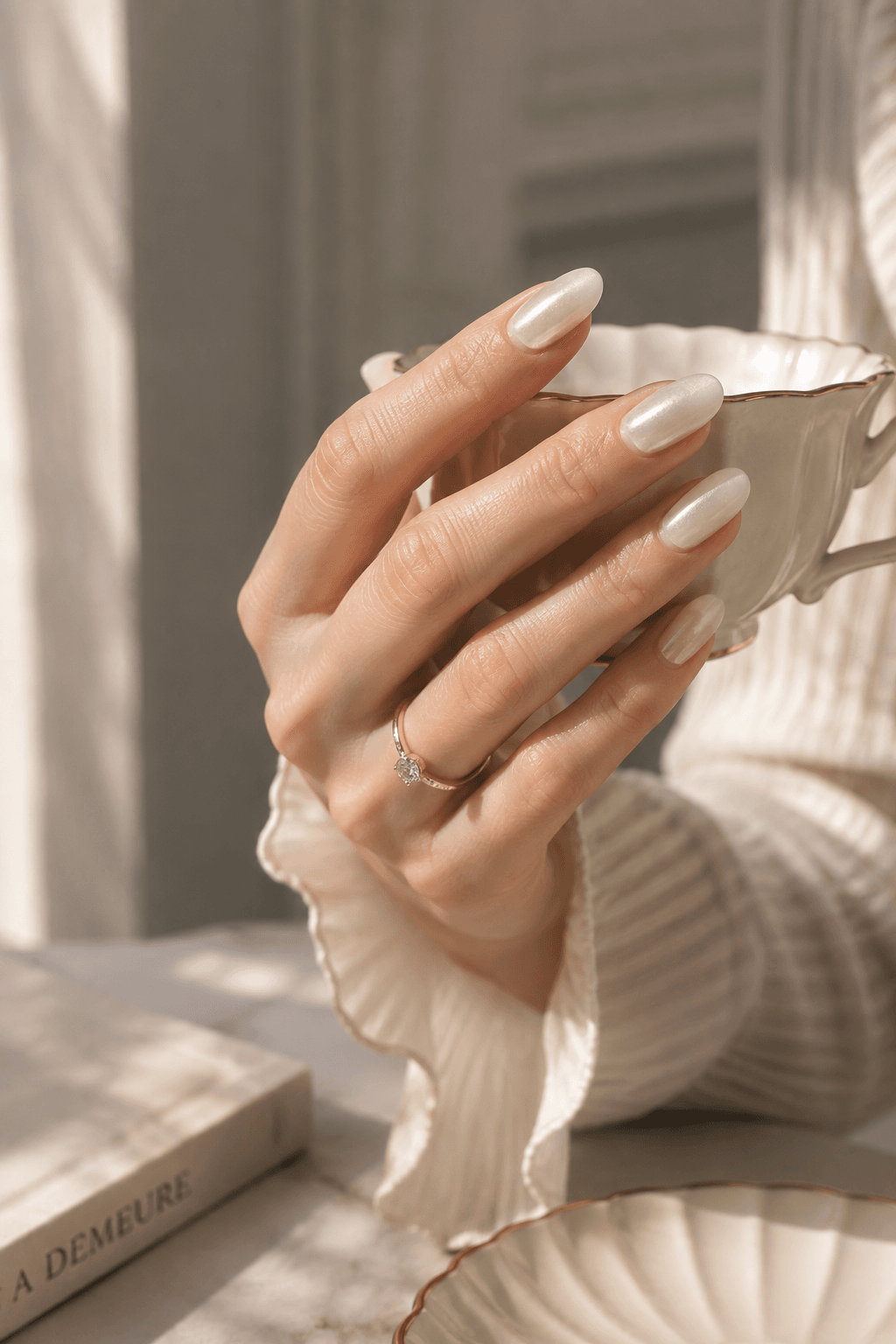 Finished quiet luxury cat eye manicure in a soft everyday setting