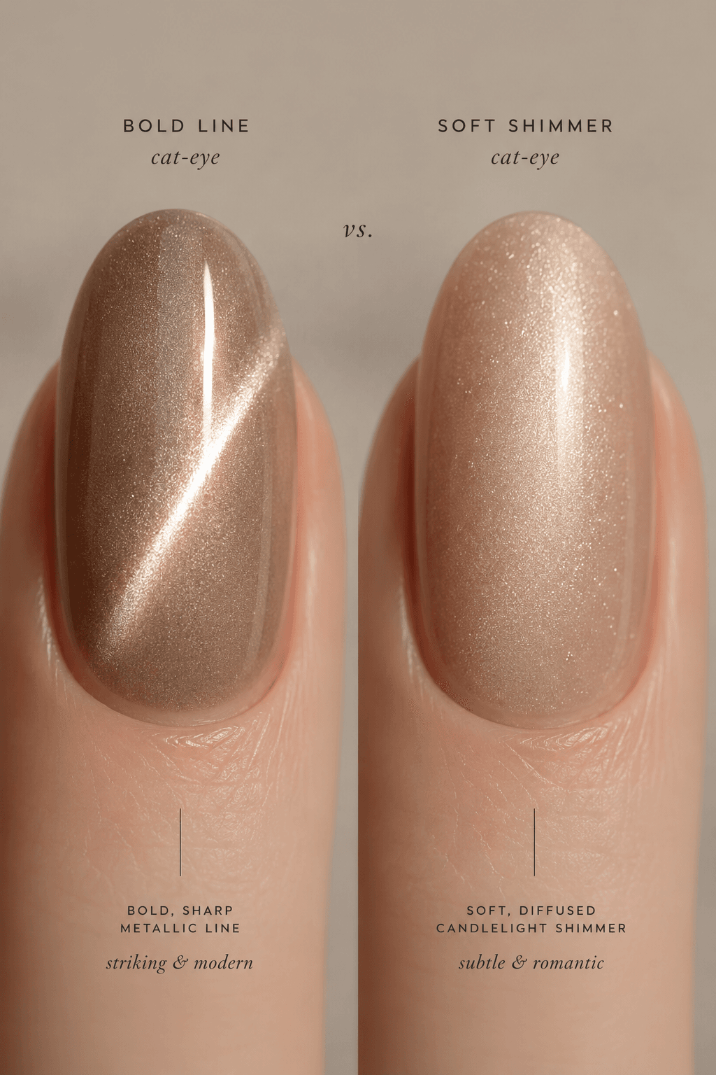 Bold chrome cat-eye nail compared to a softer, subtle chrome nail finish