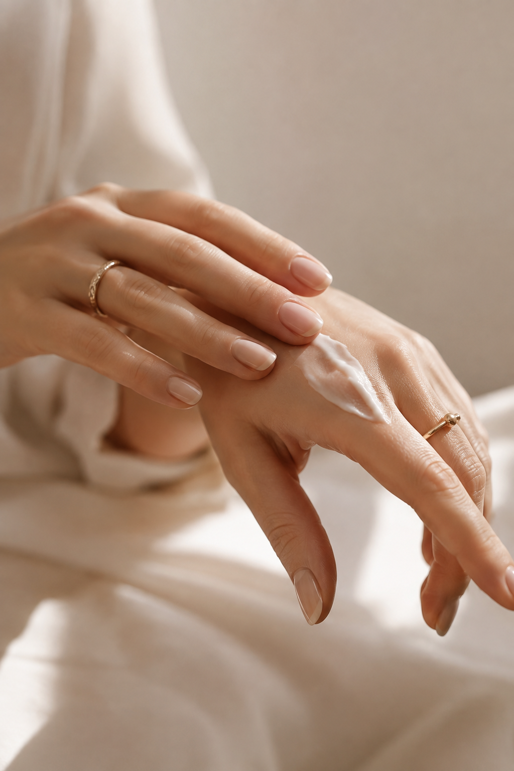 Woman applying hand cream in a gentle evening repair routine for sanitizer-dry skin.