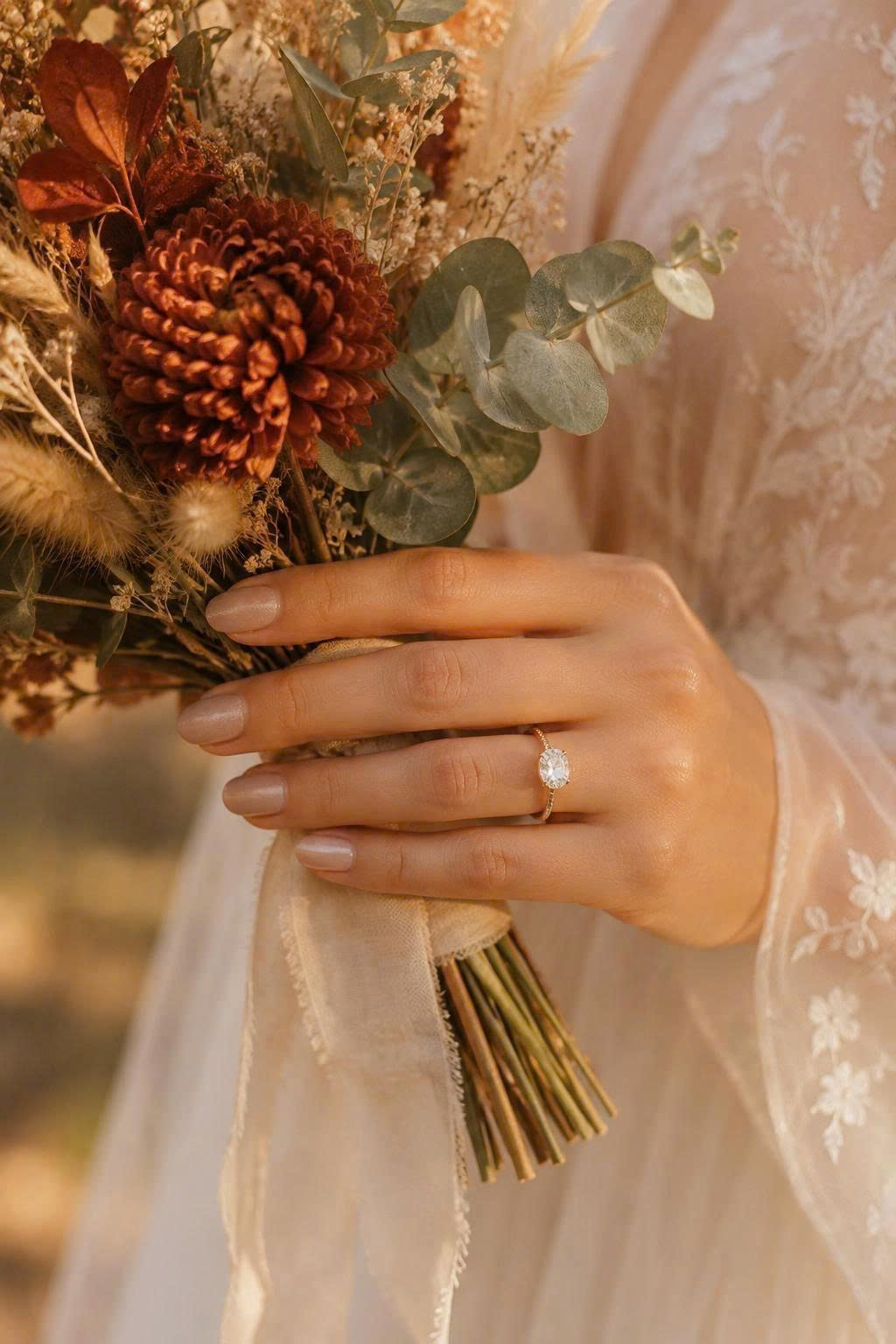Bride's hand with soft champagne nails holding an autumn wedding bouquet