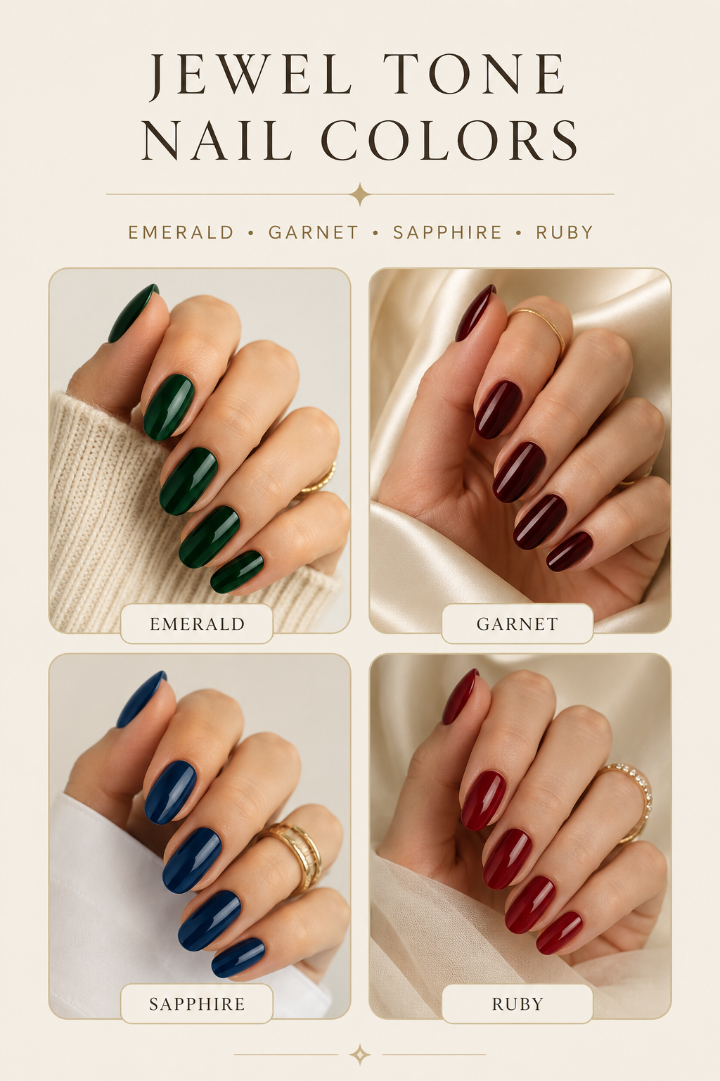 Grid graphic comparing emerald, garnet, sapphire, and ruby jewel tone nail polish shades.