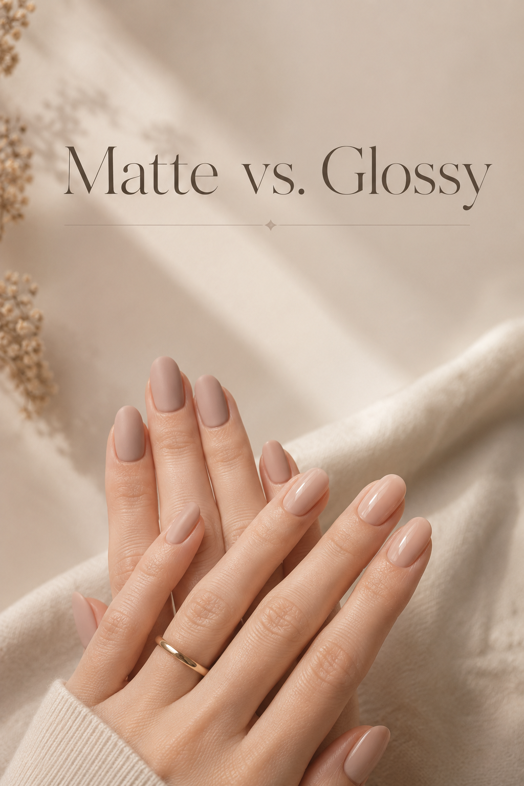 Pinterest graphic comparing matte and glossy top coat finishes for an elegant manicure.